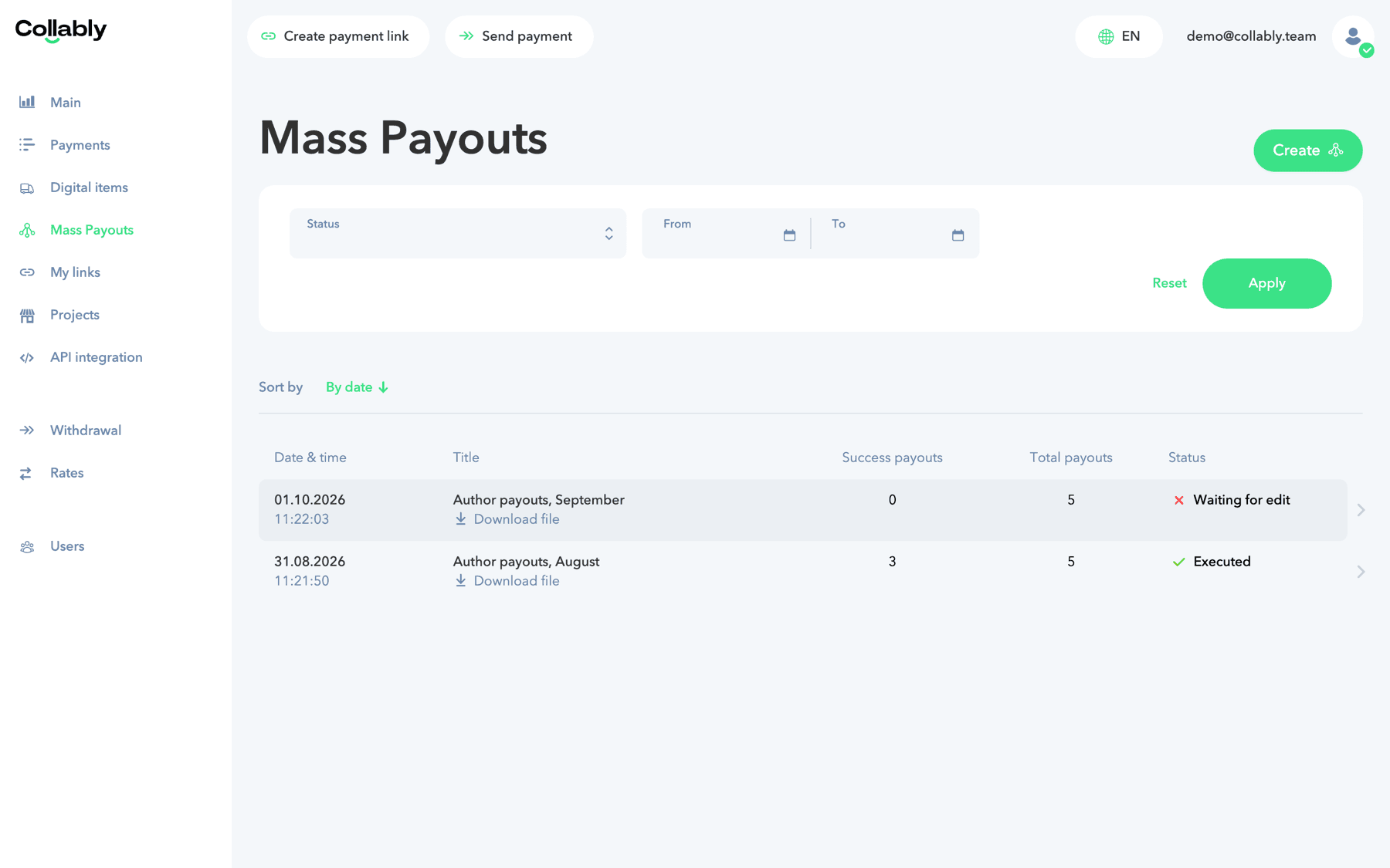 The registry list in the Mass Payouts section