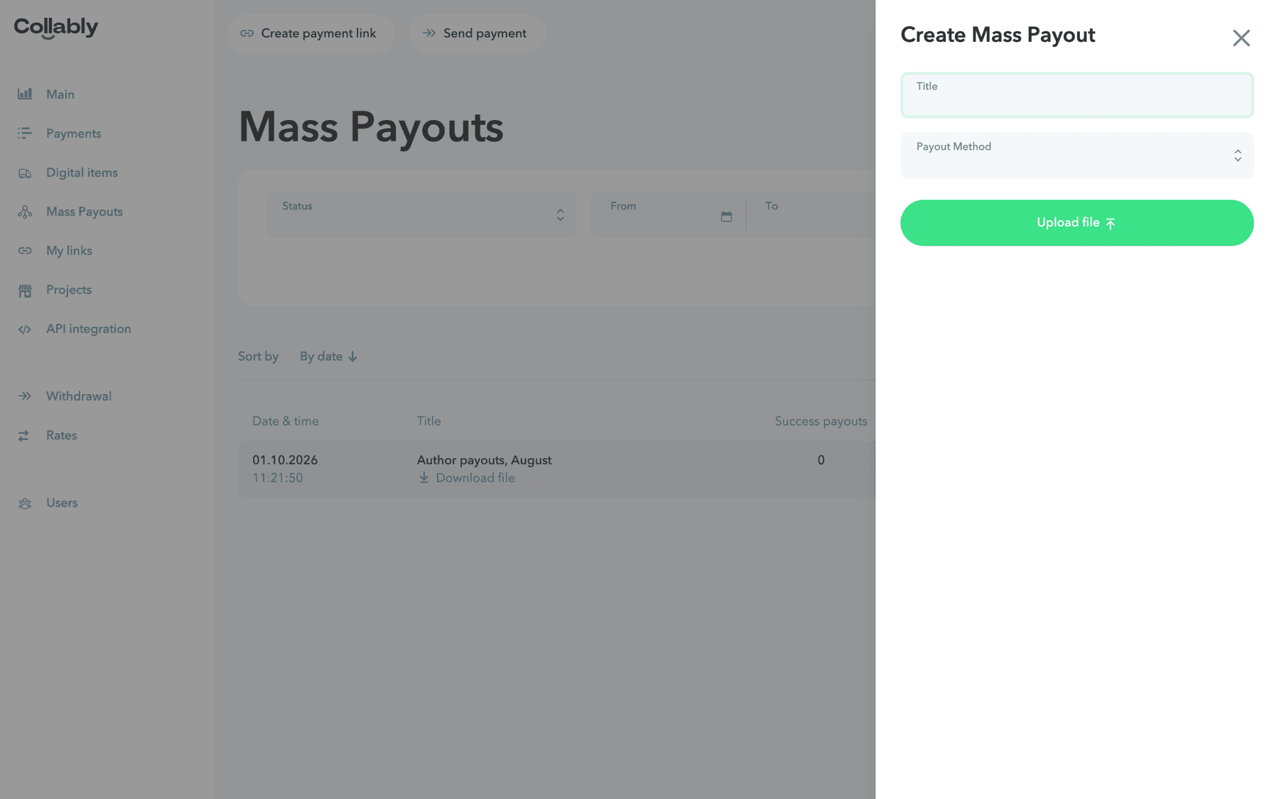 The empty Create Mass Payout form