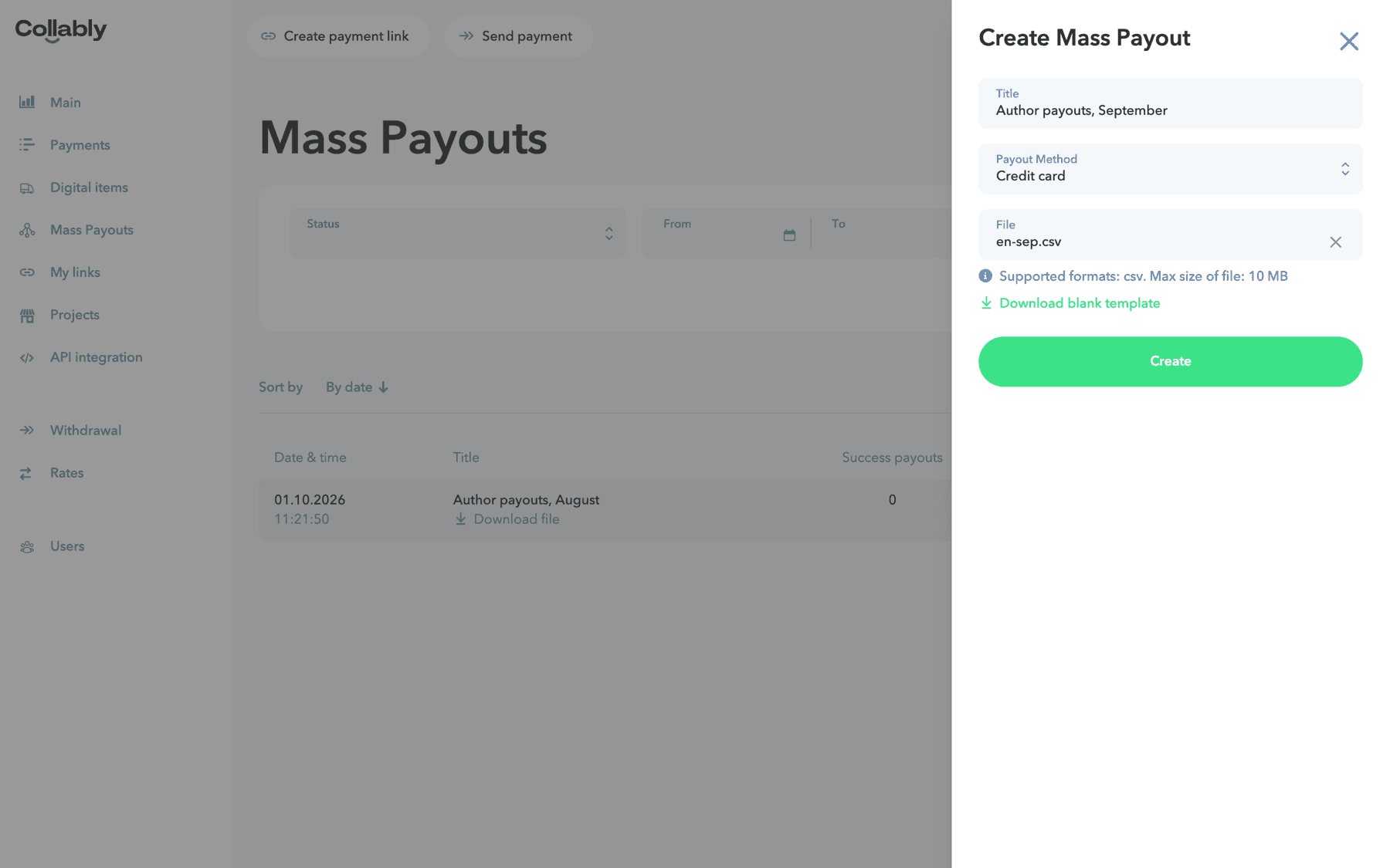 The form with the method chosen and the file attached; the Download blank template link