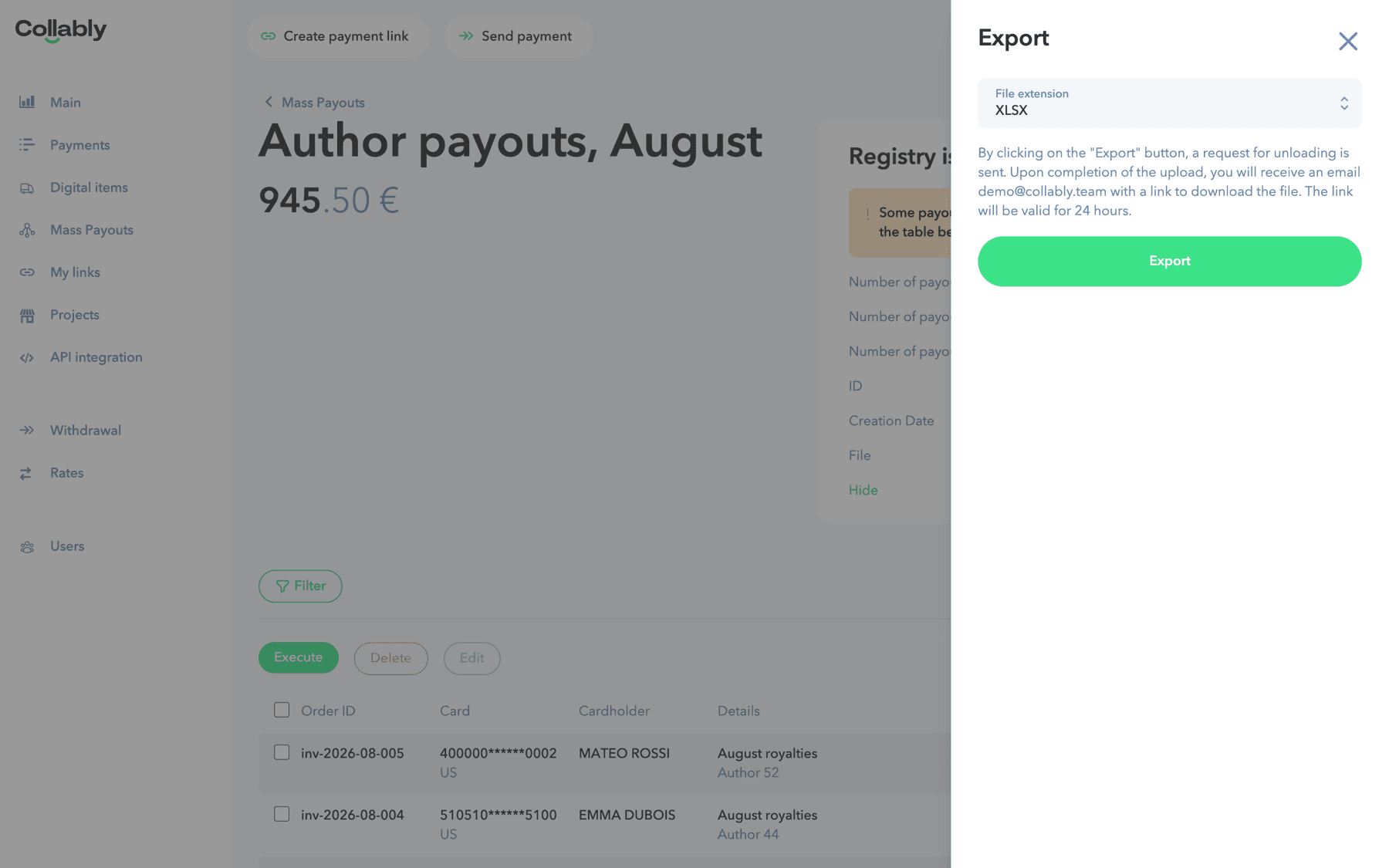 The registry export panel